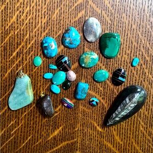 Turquoise gem stones and Fossil